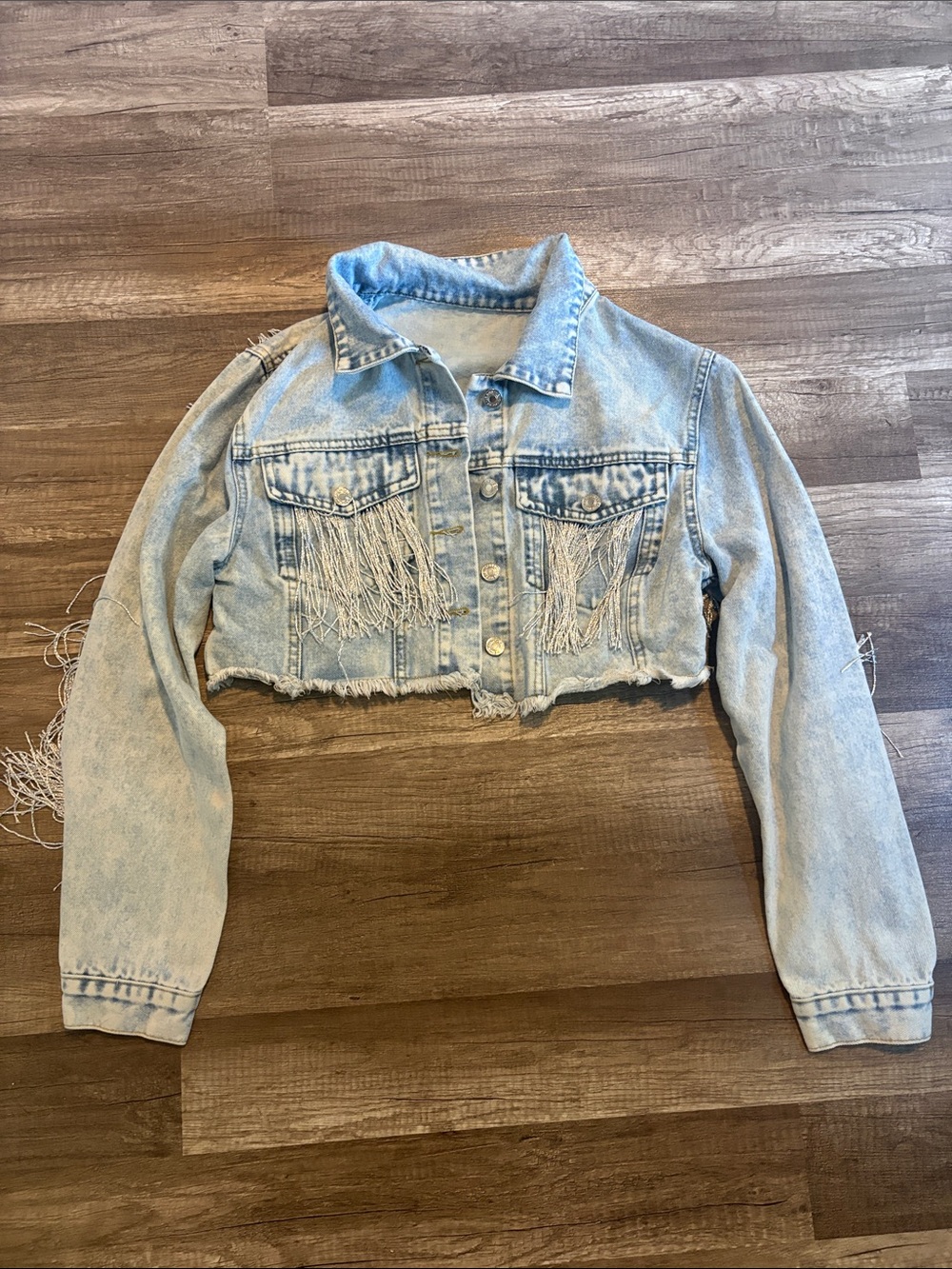 SHEIN Light Blue Cropped Denim Jacket with Fringe